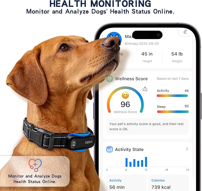 DBDD AI GPS Tracker for Dogs (40lbs+), Real Time Location and AI Health Caer Management, Electronic Fence, Waterproof, iOS and Android Universal（Black）