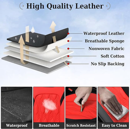 Coverado Car Seat Cover Full Set, Leather Seat Covers for Front and Rear, Waterproof Seat Covers 5 Seats, Luxury Car Seat Protectors Driver Seat Cushions Universal for Most Vehicles, Red