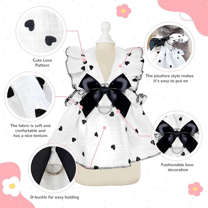 Dog Dresses for Small Dogs Girl Female Dog Cat Clothes Dress Cute Cotton Extra Summer Clothes Bow Decor Printed Love Birthday Outfit Puppy Clothes (Light Pink & Black, Large)