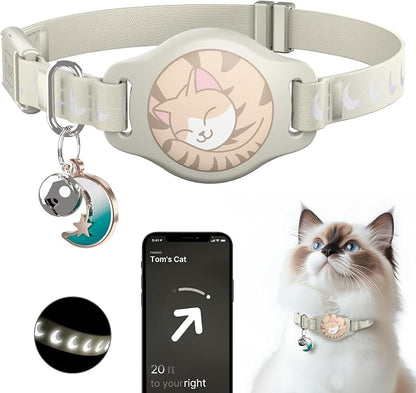 typecase Reflective Breakaway Cat Collar with AirTag Holder, Khaki & White | Khaki Reflective Breakaway Cat Collar With Bell And Silicone AirTag Holder; Adjustable 8-12 In; AirTag Not Included