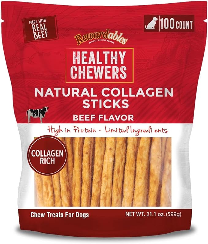 Rewardables | Healthy Chewers | Natural Collagen and Beef Sticks for Dogs | 100 Count | High Protein and Limited Ingredient Dog Chews