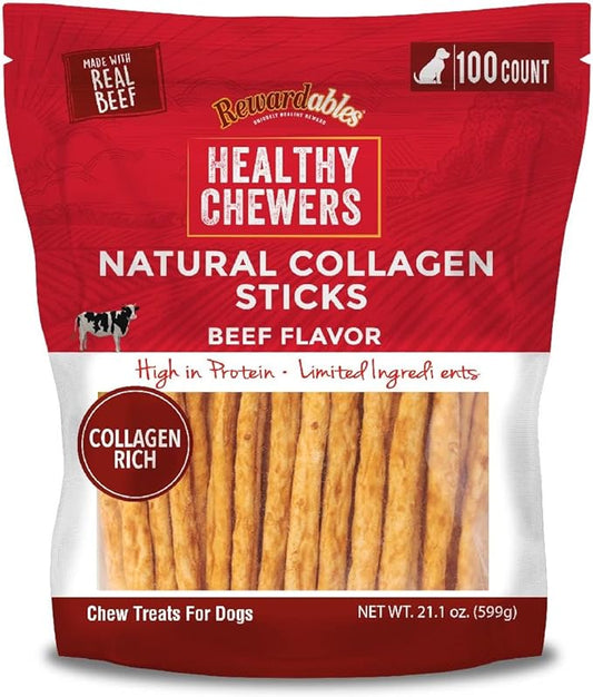 Rewardables | Healthy Chewers | Natural Collagen and Beef Sticks for Dogs | 100 Count | High Protein and Limited Ingredient Dog Chews