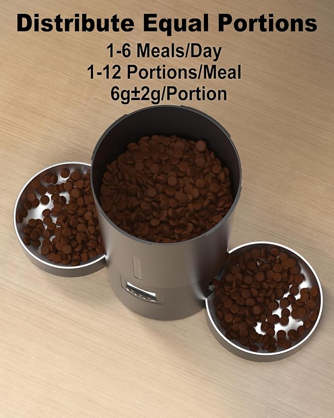 Miaosical Automatic Cat Feeder 2 Cats, 4.2L Dry Food Auto Dispenser with Double Bowls,Dual Power Supply,Programmable Portion Control,10s Voice Recorder(Black,Stainless Steel Bowls)