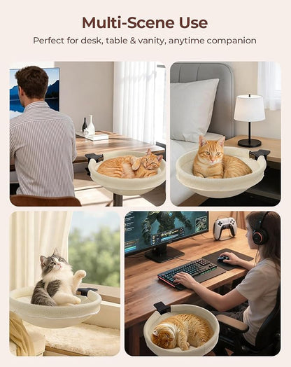 Petcozife Cat Desk Bed, 16"x16" Sturdy Rotating Cat Bed for Desk with Removable Washable Soft Fabric Hammock Cover, Stable Holds Up to 50 lbs, Space Saving Cat Perch for Home Office, Game Table