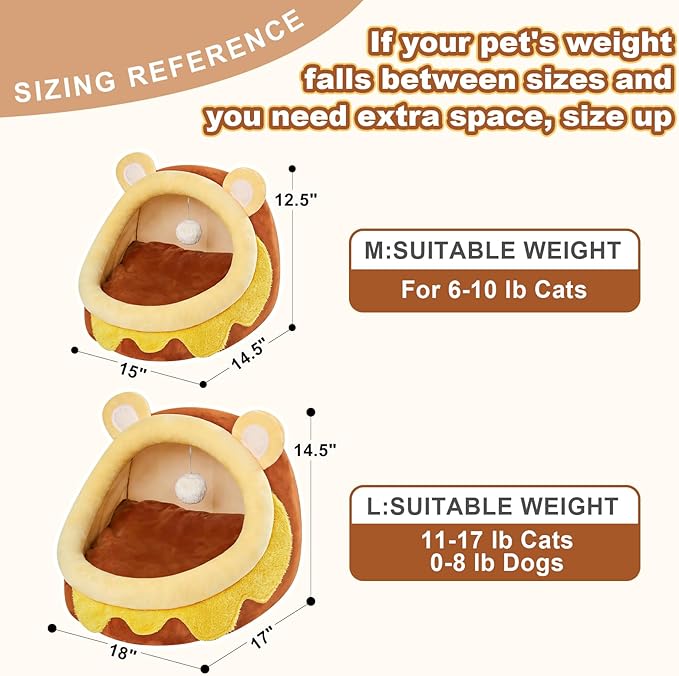 Jiupety Cute Cat Bed for Indoor, Cats Warm Soft Cave Fit for 11-17 lb Cats and 0-8 lb Dogs, Honeypot, L