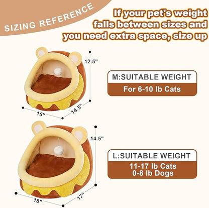 Jiupety Cute Cat Bed for Indoor, Cats Warm Soft Cave Fit for 11-17 lb Cats and 0-8 lb Dogs, Honeypot, L