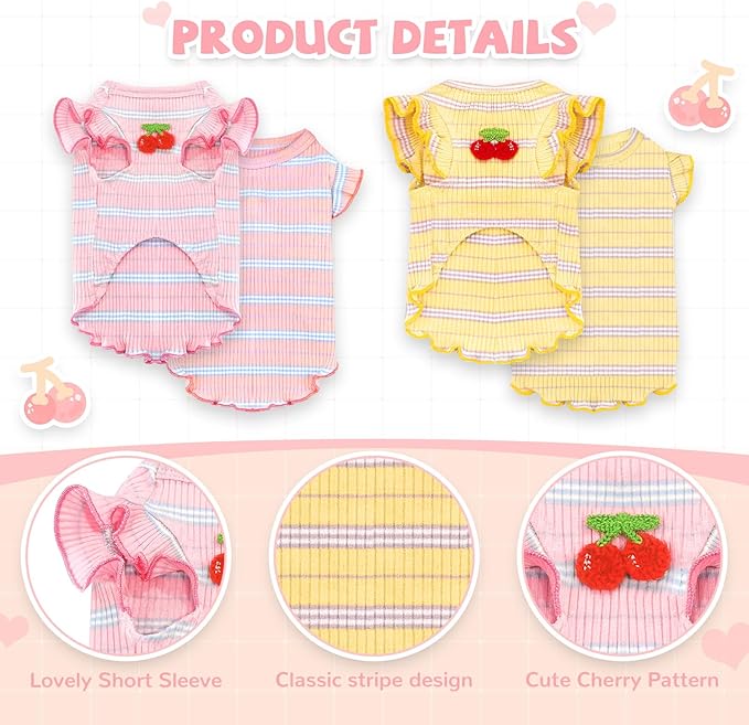 2 Pack Striped Small Dog T Shirt Cute Cherry Girl Dog Clothes for Small Dogs Cats Breathable Soft Cotton Pet Puppy Sleeveless Vest Spring Summer Pet Outfits（Pink+Yellow,X-Large）