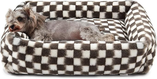 JOEJOY Small Dog Bed for Small Dogs, Removable Washable Cover Orthopedic Soft Faux Rabbit Fur Pet Bed, Anti-Slip Fluffy Plush Puppy Bed, 20"x19"x6", Checkered, Brown