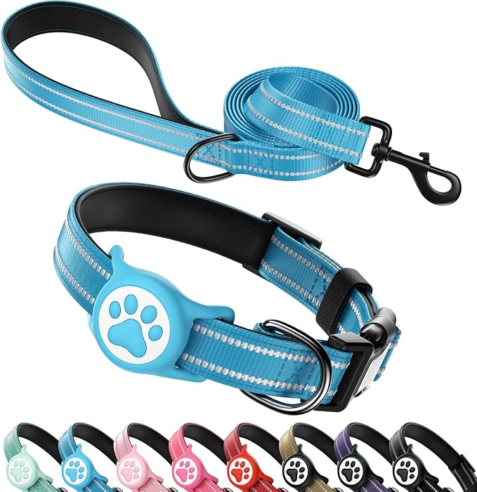 Airtag Dog Collar and Leash Set,Reflective Ultra-Durable Nylon Padded With QR Buckle & IP68 Waterproof Air Tag Holder Compatible for Apple AirTag, Comfortable for Small Medium Large Dogs (Blue Set,XS)