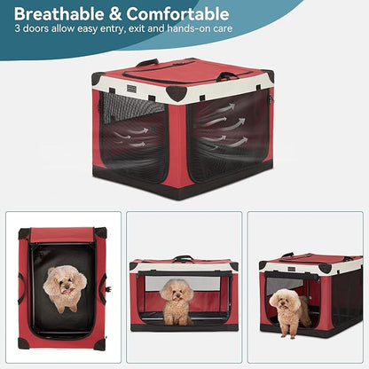 PETSFIT 26" Soft Portable Dog Crate – Patented Spiral Sturdy Frame, Collapsible Travel Kennel for Small Dogs, 3 Mesh Door, Lockable Zippers, Indoor & Car Use Red