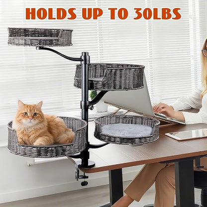 Niubya Cat Desk Bed Mount with Adjustable Height,Rattan Cat Desk Perch Supports 30 Lbs,360°Rotation Desktop Kitty Attachment for Indoor Home Office,4 Bed