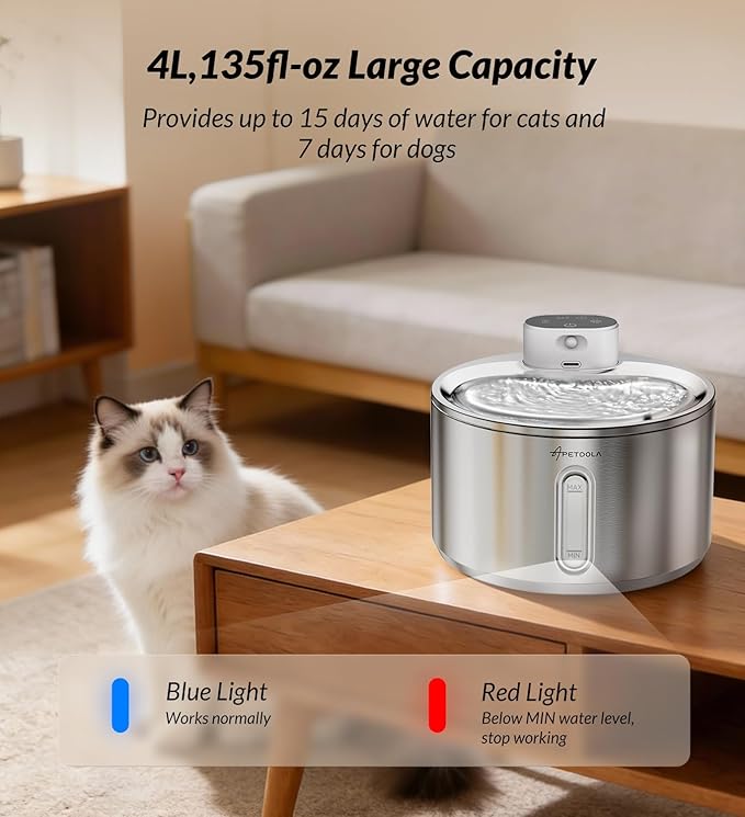 Cat Water Fountain Stainless Steel,135fl-oz/4L Wireless Cat Fountain Battery Operated Pet Fountain for Dogs Cats Indoor