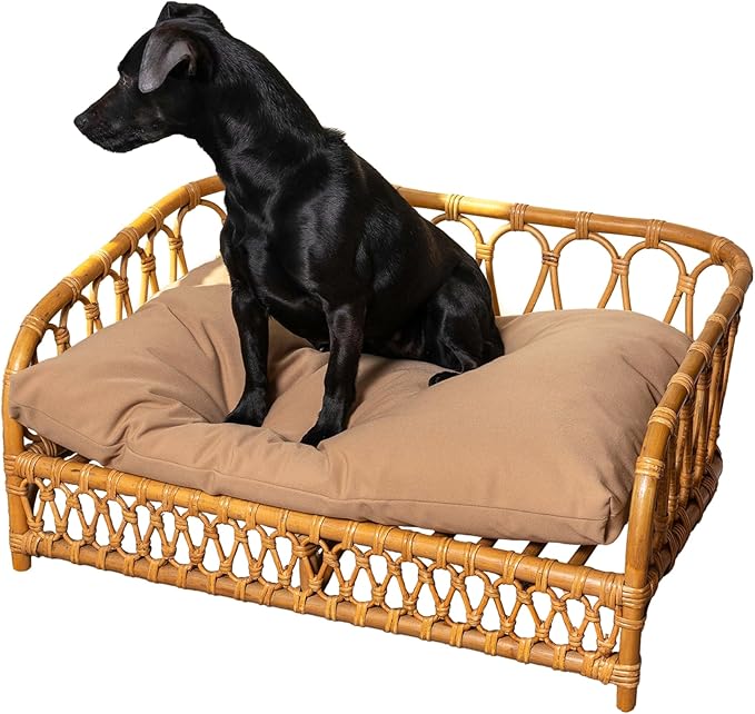 DBD1005A Elevated 27.5" x 17" Bohemian Handwoven Rattan Dog Daybed with Machine-Washable Cushion, Natural