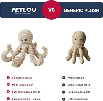 Pet Lou 18 Inch Octopus Plush Dog Toy with Squeaker and Crinkle Paper, 100% Natural Nubby Durable Plush Squeaky Toy for Indoor and Outdoor Play