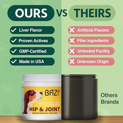 BAZI Hip & Joint Dog Chews – Glucosamine, Chondroitin, MSM, Turmeric & Collagen for Joint Health & Mobility – High-Potency Supplement for Dogs of All Breeds & Sizes – Active Lifestyle Support