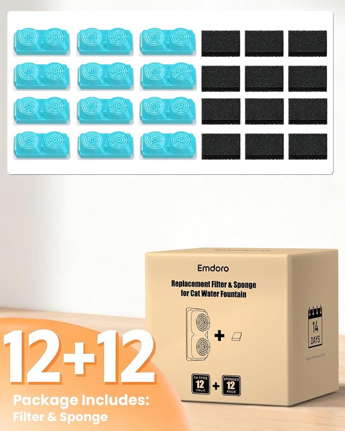 Official 12-Pack Replacement Filters and Sponges for Emdoro 3.2L/108oz Cordless Cat Fountain (6 Months Set)