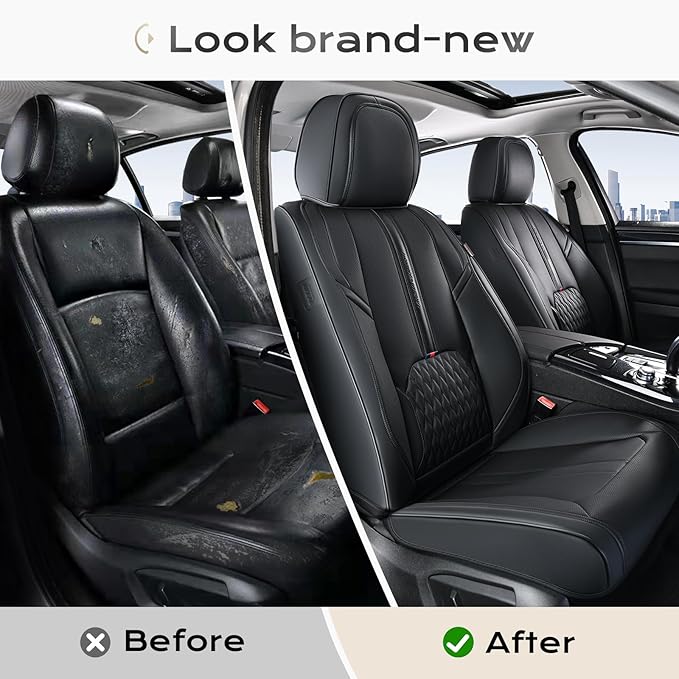 Coverado Front Seat Covers, 2-Pack Luxury Leather Seat Cover with Lumbar Support, Black Seat Covers for Cars, Waterproof Car Seat Protectors, Driver Car Seat Cushions Universal Fit for Most Vehicles