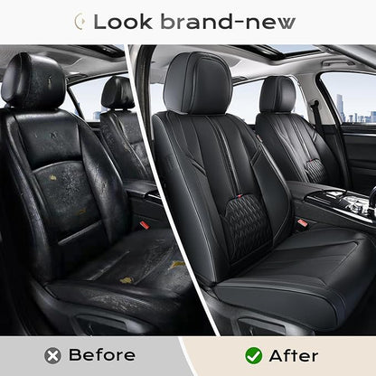 Coverado Front Seat Covers, 2-Pack Luxury Leather Seat Cover with Lumbar Support, Black Seat Covers for Cars, Waterproof Car Seat Protectors, Driver Car Seat Cushions Universal Fit for Most Vehicles
