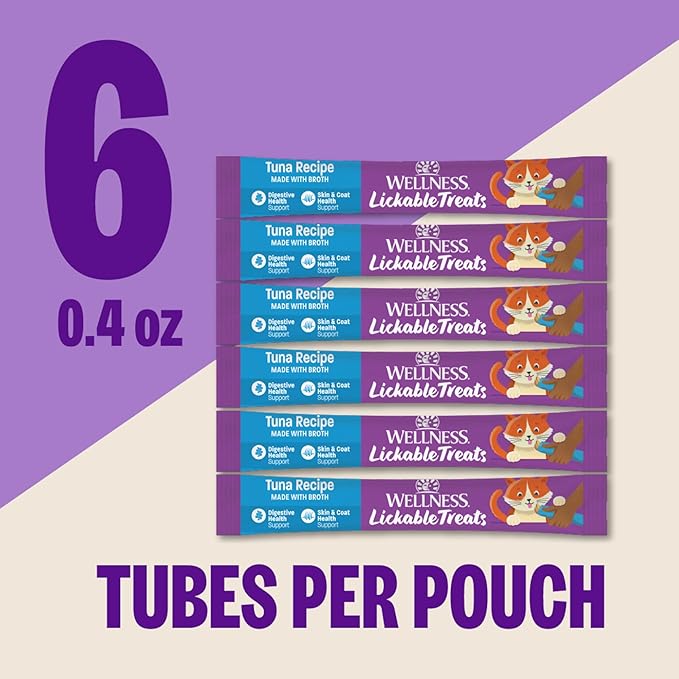 Wellness Lickable Treats Soft Puree Natural Grain Free Adult Cat Treats, Tuna Recipe, Contains 6-0.4 Ounce Squeezable Tubes