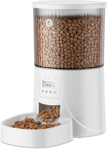 PETULTRA Automatic Cat Feeder: 4L Timed Cats Food Dispenser Programmable 1-6 Meal for Cat and Small Medium Dog- Auto Pet Feeder Dual Power Supply with Desiccant Bag& | Easy to Clean White