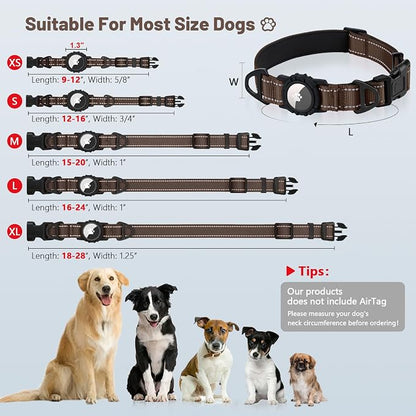 Taglory AirTag Dog Collar with Waterproof Holder for Puppy, Brown, XS | Reflective for Night Walks & Low-Light Safety, Track Your Pup Peace of Mind, Adjustable Soft Padded, No More Dangling Tags