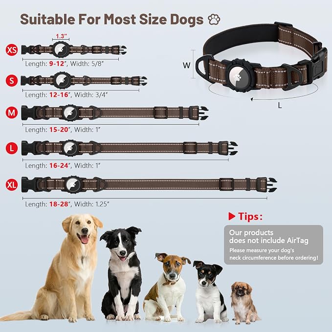 Taglory AirTag Dog Collar with Waterproof Holder for Medium Dogs, Brown, M | Reflective for Night Walks & Low-Light Safety, Track Your Pup Peace of Mind, Adjustable Soft Padded, No More Dangling Tags