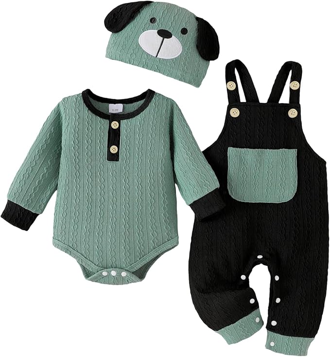 FOCUTEBB Baby Boy Clothes Cute Long Sleeve Romper Infant Pocket Overalls Adjustable Suspender Pants Set 0-18 Months