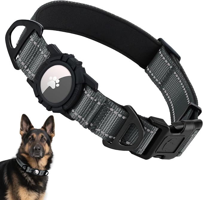 Taglory AirTag Dog Collar with Waterproof Holder for Large Dogs, Gray, XL | Reflective for Night Walks & Low-Light Safety, Track Your Pup Peace of Mind, Adjustable Soft Padded, No More Dangling Tags