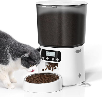 Petrice Automatic Cat Feeder, 4L/16Cups Cat Food Dispenser with Stainless Steel Bowl 30 Portions 6 Meals per Day, Programmable Auto Cat Feeder for Kitty Small Dogs with 10S Voice Record, White