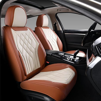 FLORICH 2 Pack Car Seat Covers, Front Luxury Leather Waterproof Seat Covers for Cars, Car Seat Protector Automotive Car Accessories Universal Fit for Cars, Trucks, SUVs - Brown&Beige