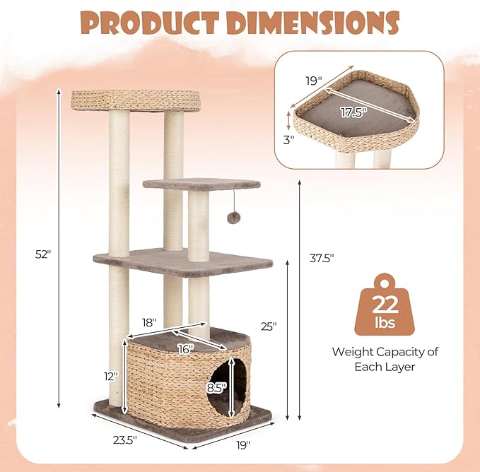 PETSITE 52 inch Cattail Cat Tree, Multi-Level Cat Tower with Scratching Posts, Cat Condo, Top Perch, Hanging Jingling Ball and Soft Washable Cushions, Modern Cat Tree for Indoor Cats