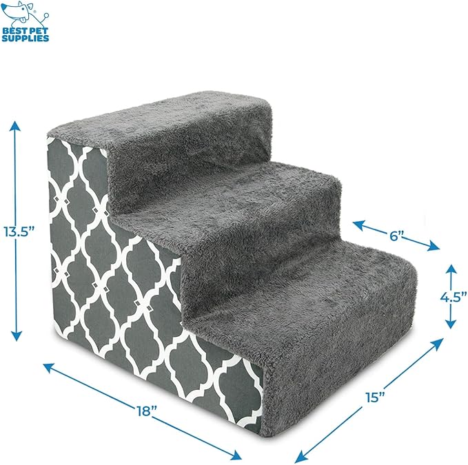 Best Pet Supplies Dog Stairs & Steps - Foam Steps for Small Dogs & Cats, Non-Slip Indoor Balanced Pet Step Support, Dog Ramp, No Assembly, Gray Lattice Print, 3-Step (13.5-inch Height)