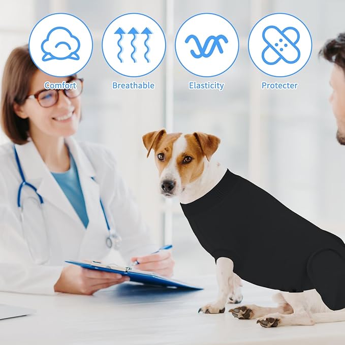 2 Packs Breathable Cotton Dog Recovery Suit for After Neuter Spay Abdominal Wounds Protector, Professional Anti-Licking Onesies for Male Female Pets Surgery Bandages, L Black Grey Pure