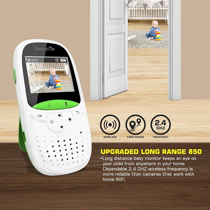 SereneLife USA Video Baby Monitor - Upgraded 850’ Wireless Long Range Camera, Night Vision, Temperature Monitoring and Portable 2” Color Screen with Clip - SLBCAM10.5, Green