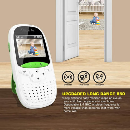 SereneLife USA Video Baby Monitor - Upgraded 850’ Wireless Long Range Camera, Night Vision, Temperature Monitoring and Portable 2” Color Screen with Clip - SLBCAM10.5, Green