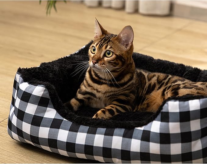 Hollypet Rectangle Plush Dog Cat Bed Self-Warming Pet Bed, Black Check