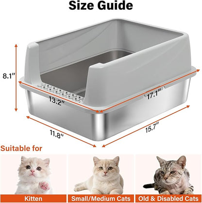 Medium Stainless Steel Litter Box with Lid, Metal Cat Litter Box with Covered, Easy Clean Non Stick No Smell