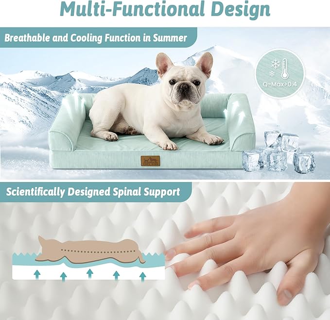 Cooling Dog Bed, Orthopedic Foam Dog Bed with Sides, Removable Washable Cover & Waterproof Lining and Nonskid Bottom, Comfortable Pet Beds for Small Dogs, Green (30" L x 20" W x 6" Th)