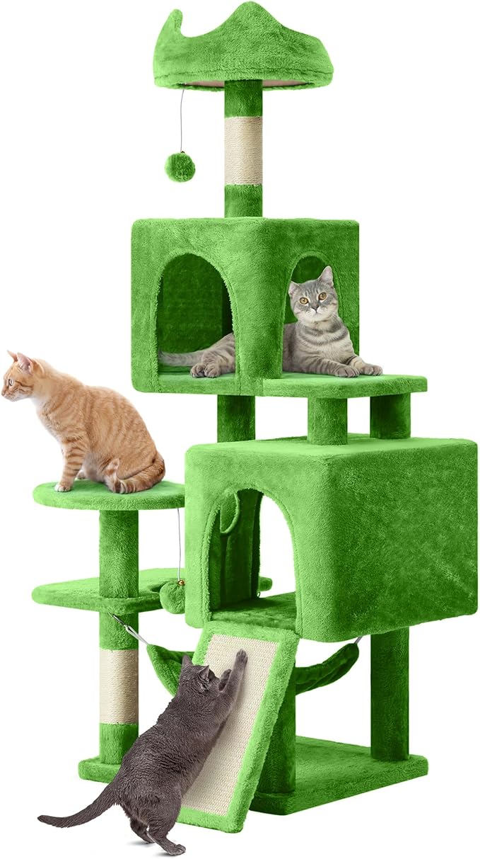 YITAHOME 54in Cat Tree Tower for Indoor Cats, Multi-Level Cat Climbing Tower with Sisal Scratching Post and Board, Cat Condos, Plush Top Perches, Hammock, Kittens Pet House Play, Green