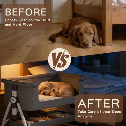 Bedside Dog Bed, Cosleeper Pet Dog Bed with Removable Washable Cushion Adjustable Height, Extension for Human Bed for Small & Medium Puppy & Cat