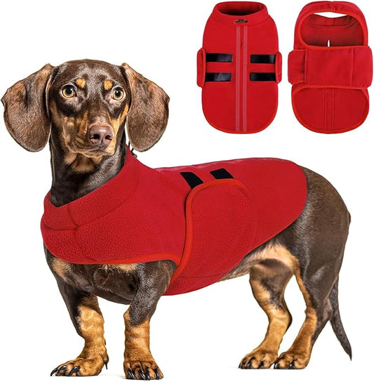 Queenmore Large Dog Sweater, Soft Fleece Vest Pullover Jacket With Leash Hole, Warm Winter Clothes for Cold Weather, Dachshund Sweater for Large Dogs Cats Boy or Girl (Red, L)