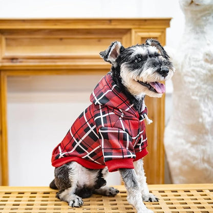 EXPAWLORER Plaid Dog Hoodie - British Style Warm Dog Sweater Shirt with Leash Hole,Pitbull Clothes Outfits,Winter Coat Apparel for All Breeds Puppy Girl Boy-Cat Apparel,Red Medium
