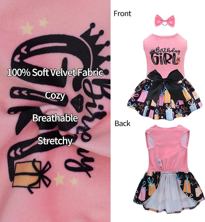 CuteBone Birthday Dog Dresses Velvet Holiday Small Dogs Clothes Onesie Pet Apparel Girl Puppy Skirt with Bow Hair Rope CVA48M-D