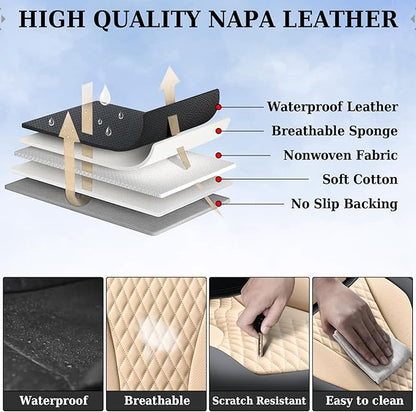 Coverado Waterproof Nappa Leather Car Seat Covers, Automotive Seat Covers，Front Car Seat Cushion & Car Seat Protector, Black&Beige Seat Covers Universal Fit for Most Cars, SUVs, Trucks