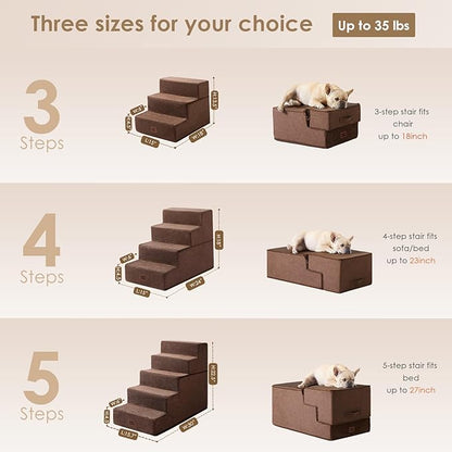 EHEYCIGA Dog Stairs for Small Dogs 13.5" H, 3-Step Dog Steps for Couch Sofa and Chair, Pet Steps for Medium Cats, Non-Slip Balanced Pet Ramp Indoor, Brown
