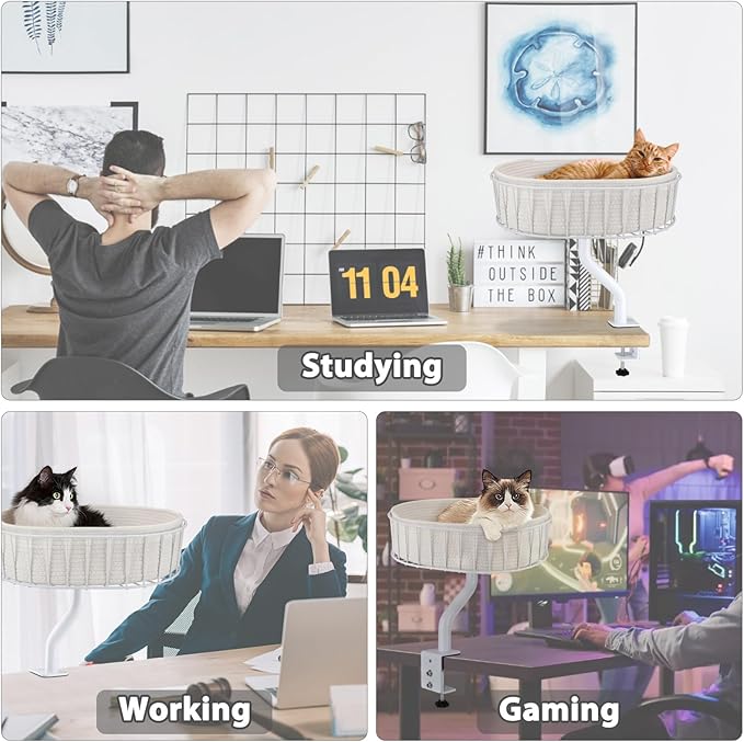 Cat Desk Bed - Sturdy Cat Bed for Desk Support 45lbs,Indoor Desktop Cats Beds for Tables Game Office Desks Attachment,17"x13" Removable Cotton Cats Nest,Heavy-Duty Metal Frame and Clamp (White)