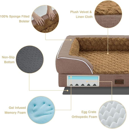 Orthopedic Dog Beds for Large Sized Dogs, Waterproof Memory Foam Large Pet Bed with Sides 36x27Inch, Non-Slip and Egg-Crate Foam Big Dog Couch Bed with Removable Washable Cover, Brown
