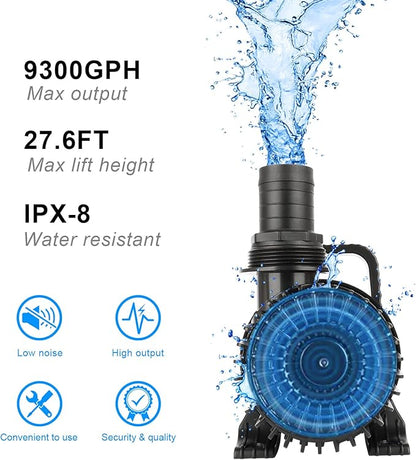 OYO WATER High Flow Submersible Water Pump, 9300 GPH 620W Waterfall Pump for Ponds & Outdoor Features, 32.8FT Power Cord, Quiet & Powerful Pond Filter Pump for Koi Pond, with Barrier Bag