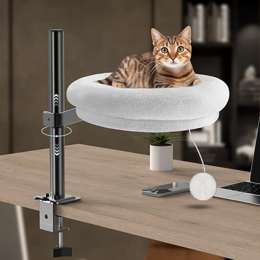 Cat Desk Bed, Pet Cats Desk Table Round Hammock, 360° Rotation & Height Adjustable, Comfortable Washable Soft Pad for Kitten, Metal Frame for Table Mounted Desk Side Pet Perch Bed Furniture