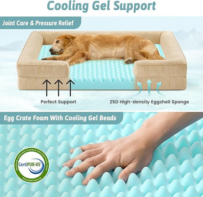 COZY KISS Cooling Dog Bed for Extra Large Dogs, Q-Max >0.4 Summer Cool Orthopedic Foam Pet Sofa Bed with Sides, Bolster Anti-Slip Couch with Washable Removable Cover, XXL 48x35x7.5 inch, Beige